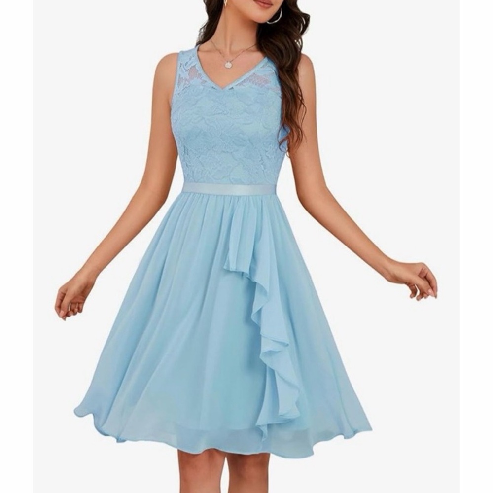 Source Unknown Light Blue Lace & Ruffle Midi Dress